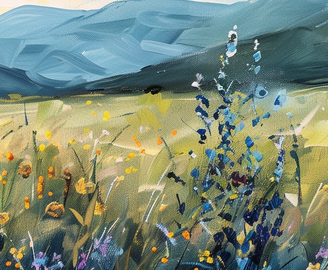 Blue Wildflower Meadow Cool Toned Mountain Landscape Oil Poster - Image 6