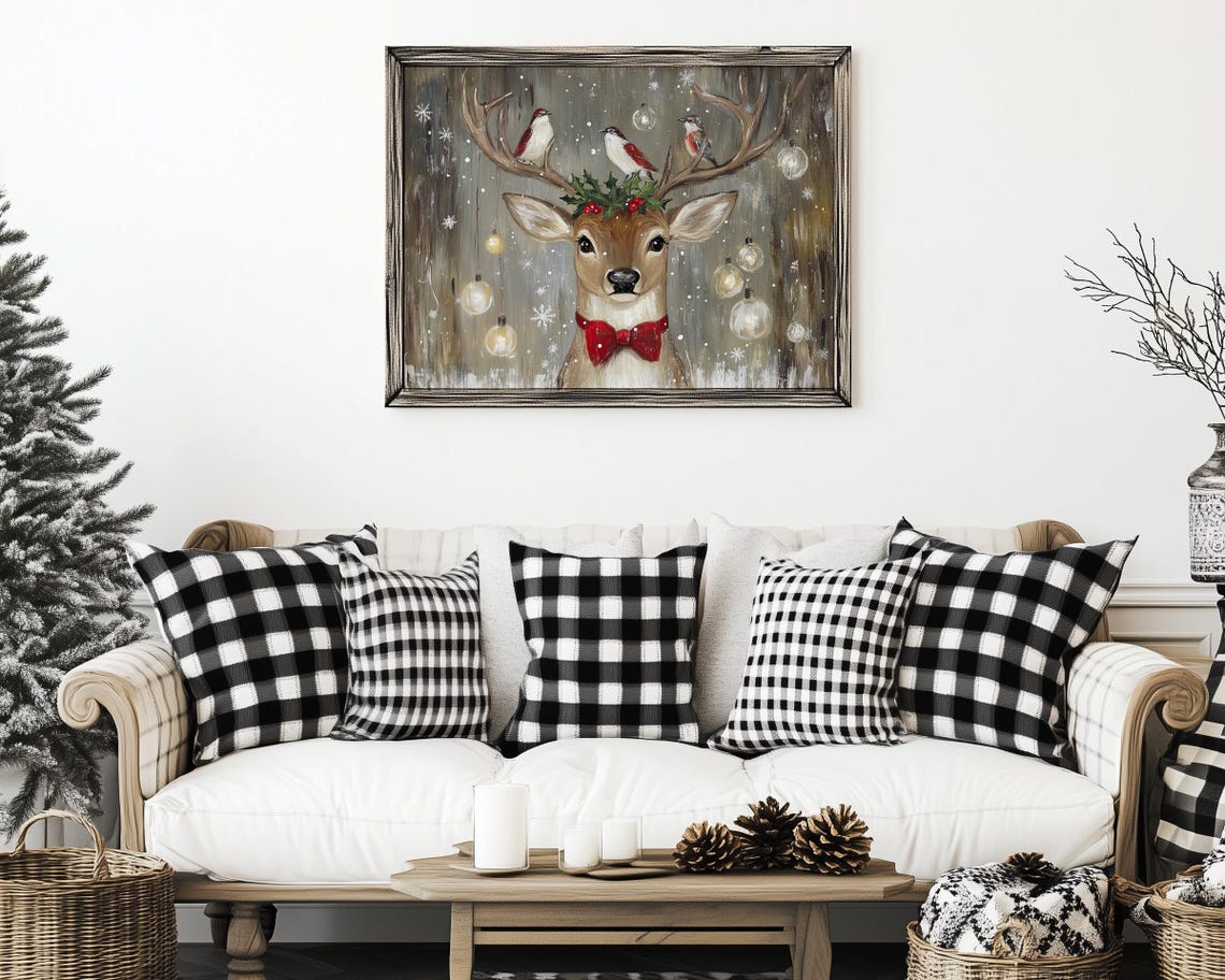 Christmas Deer Birds Antlers Holly Crown Red Bow Tie Ornaments Poster - Image 5