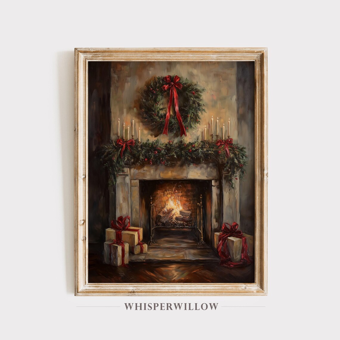 Cozy Christmas Fireplace with Wreath Garland and Gifts Poster