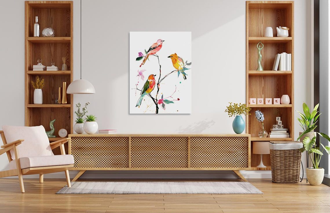 Colorful Songbirds Watercolor Painting Three Birds Branch Art Poster - Image 5