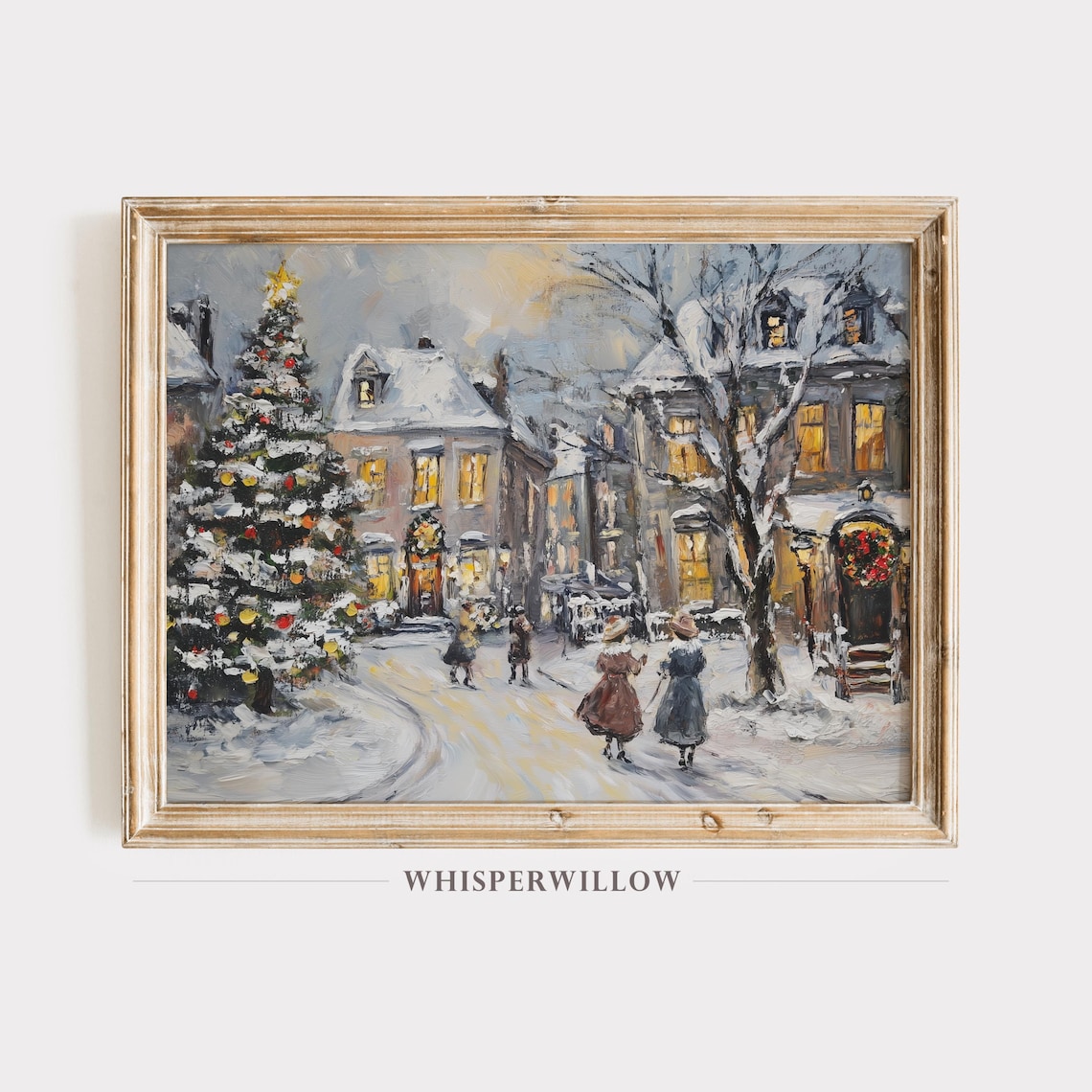 Snowy Christmas Village Street with Carolers Vintage Painting Poster
