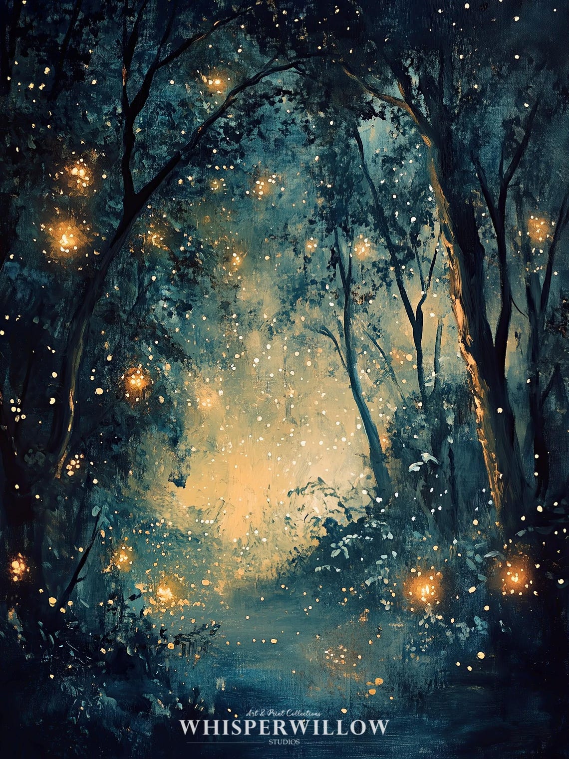Magical Night Forest with Glowing Fireflies Teal Painting Poster - Image 6