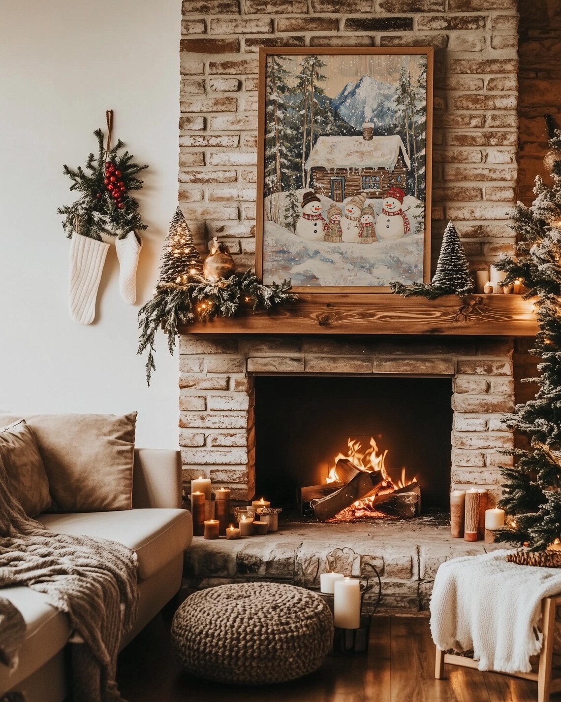 Winter Cabin Snowman Family Art Print, Holiday Landscape - Image 4