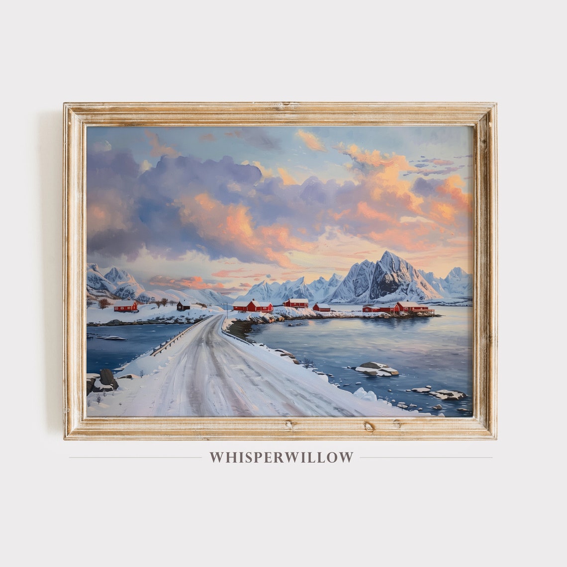 Snowy Norwegian Fjord Village At Sunset Winter Landscape Art Poster