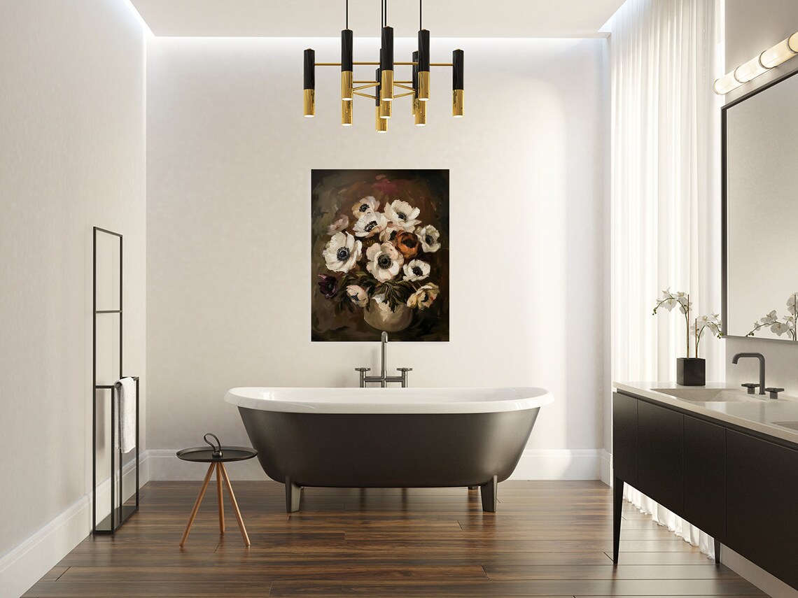 White Anemone Bouquet In Vase Dark Moody Floral Oil Painting Poster - Image 2
