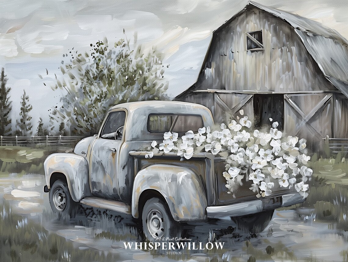 Vintage Farm Truck with Flowers Gray Tones Painting Scenic Poster - Image 6