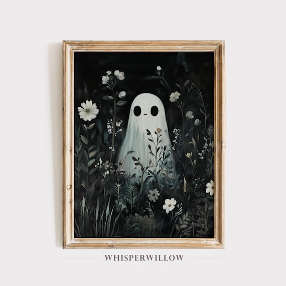 Cute Ghost Among White Wildflowers Dark Floral Halloween Print