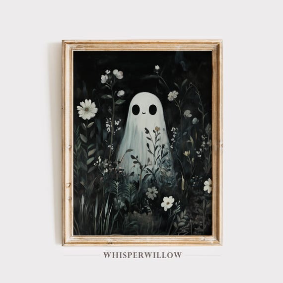 Whimsical Cute Ghost In Wildflower Garden Painting Dark Floral Halloween Art Spooky Mystical Night Wall Decor