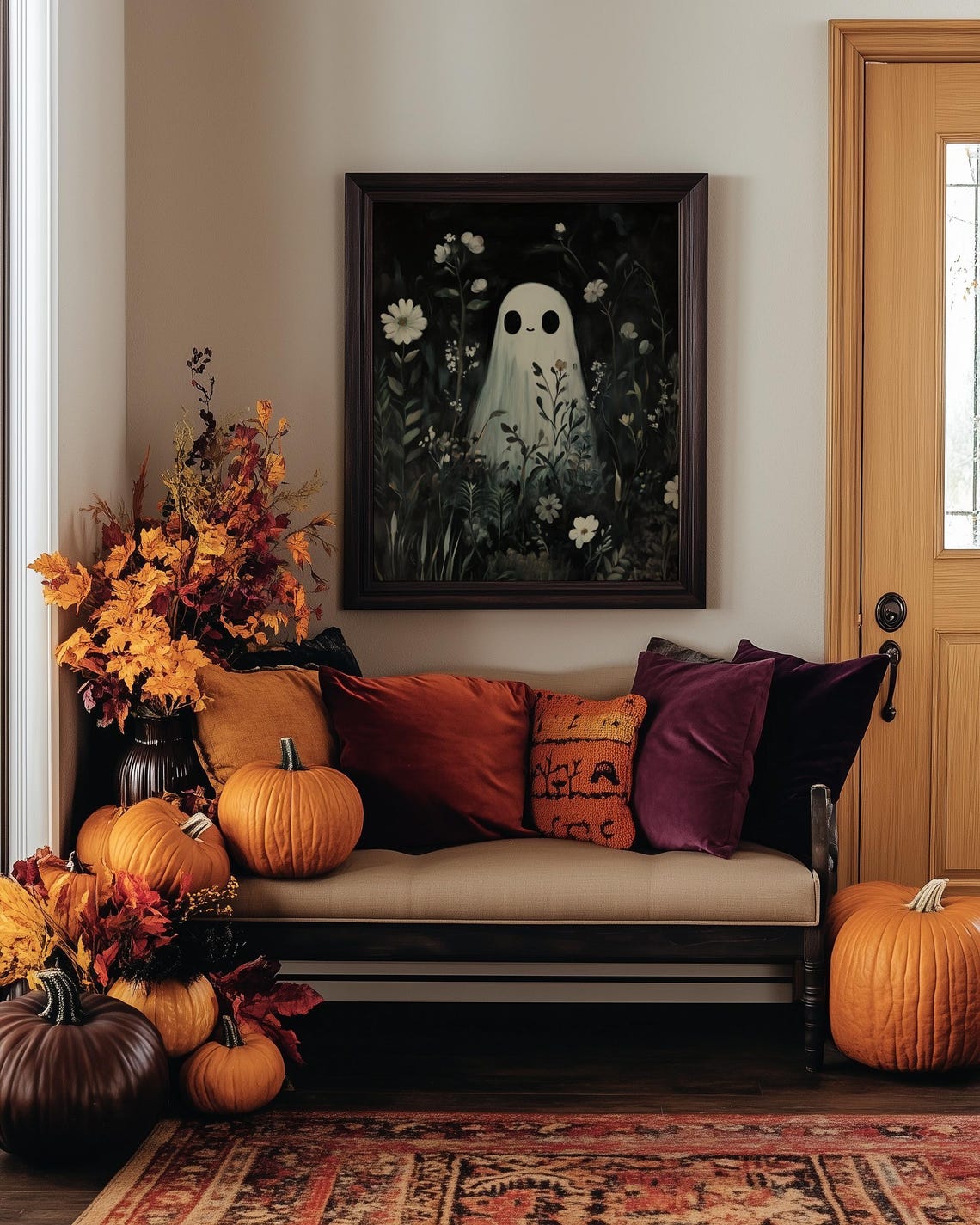 Cute Ghost Among White Wildflowers Dark Floral Halloween Print - Image 2