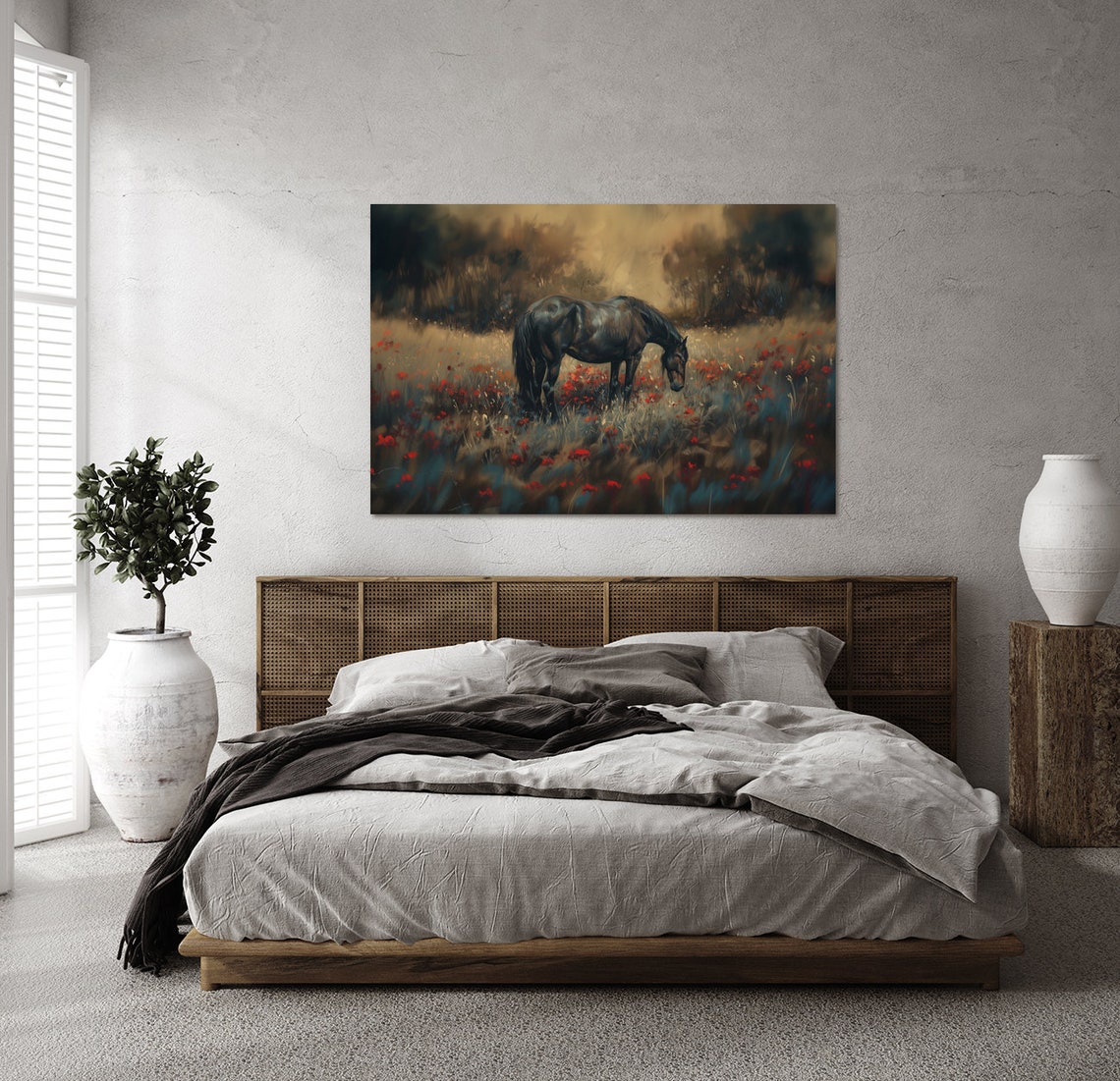 Black Horse in Red Poppy Field Dramatic Moody Equestrian Poster - Image 5