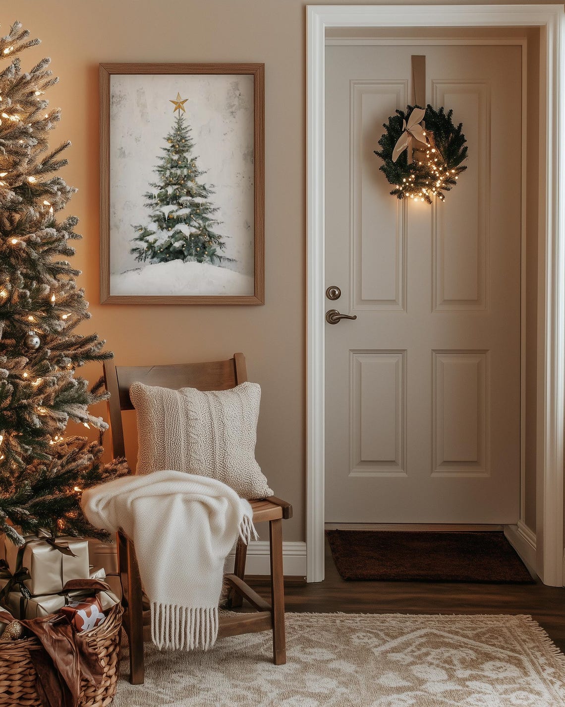 Snowy Christmas Tree Gold Star Topper Twinkle Lights Minimalist Poster - Image 5