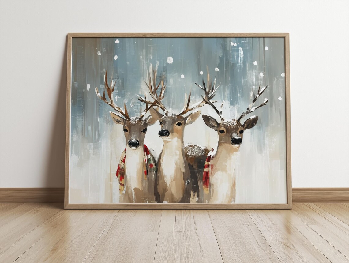 Whimsical Snowy Reindeer Plaid Scarf Holiday Print - Image 4