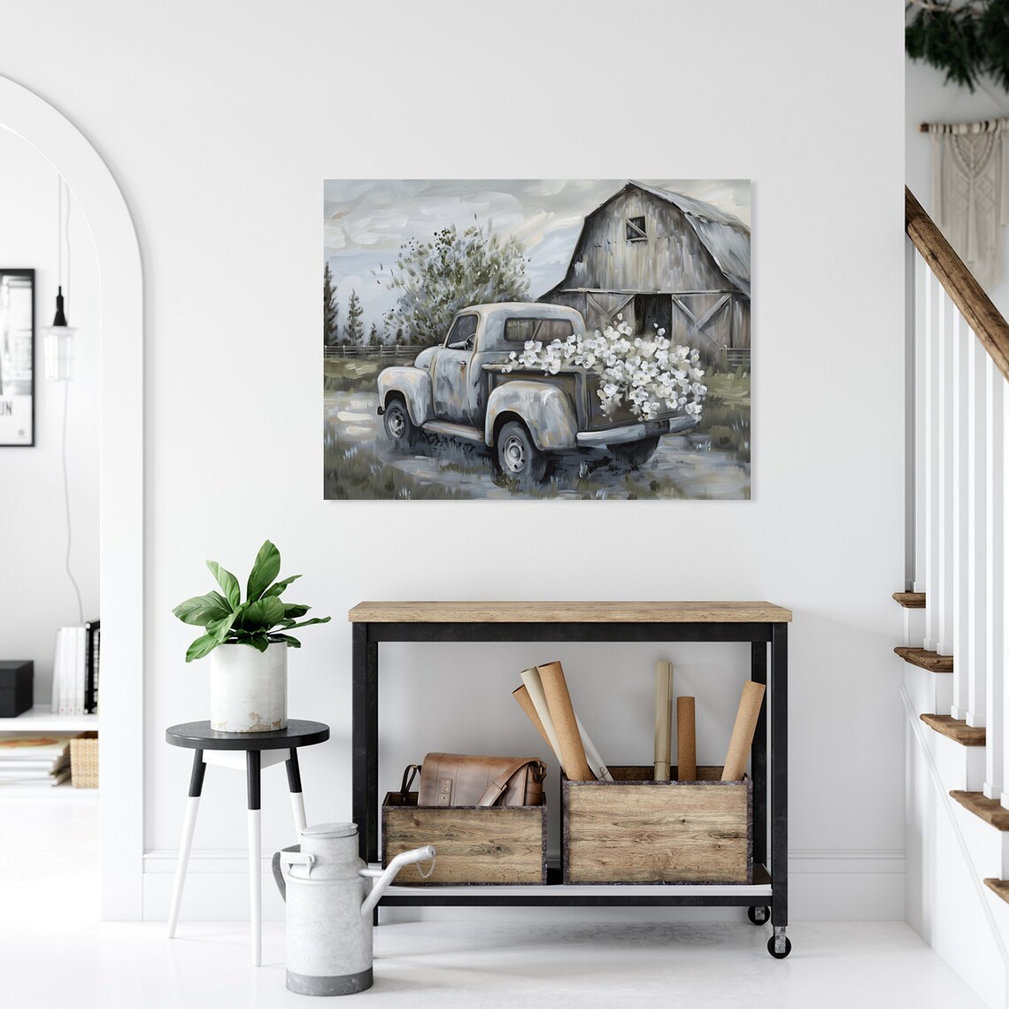 Vintage Farm Truck with Flowers Gray Tones Painting Scenic Poster - Image 5