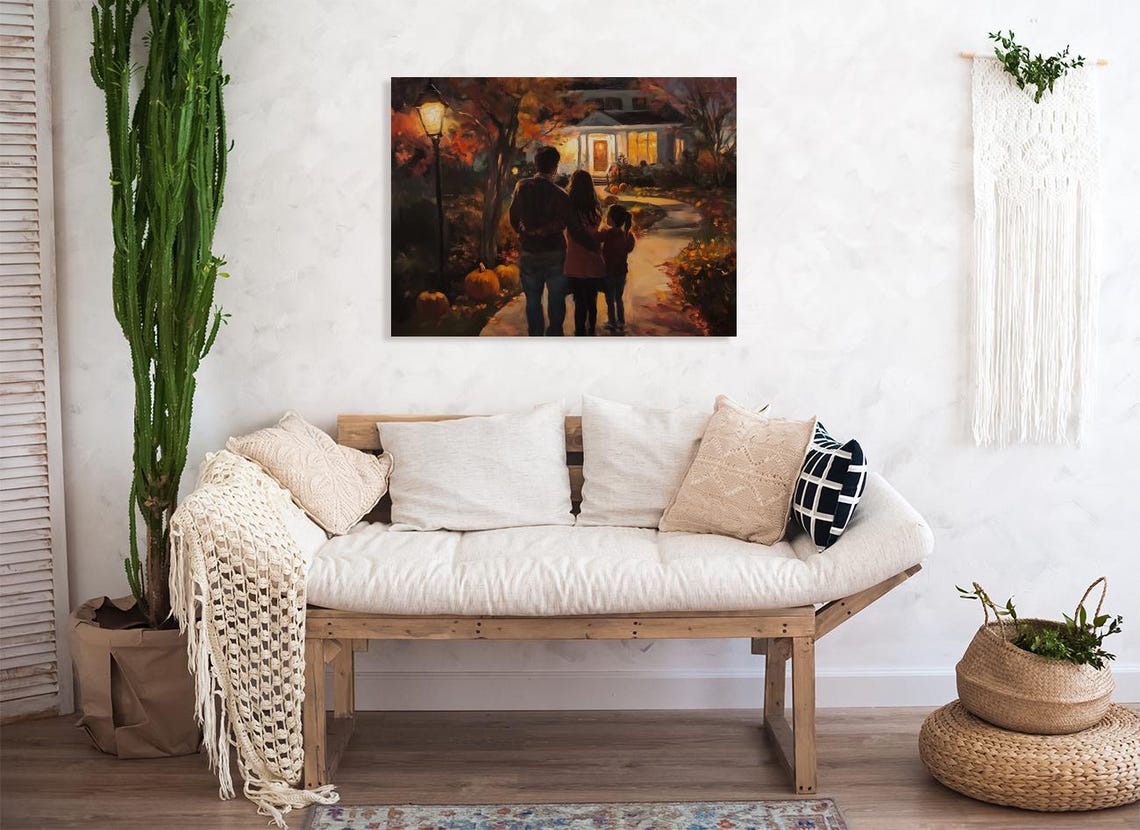 Cozy Autumn Evening Family Walk Painting Warm Fall Night Poster - Image 4