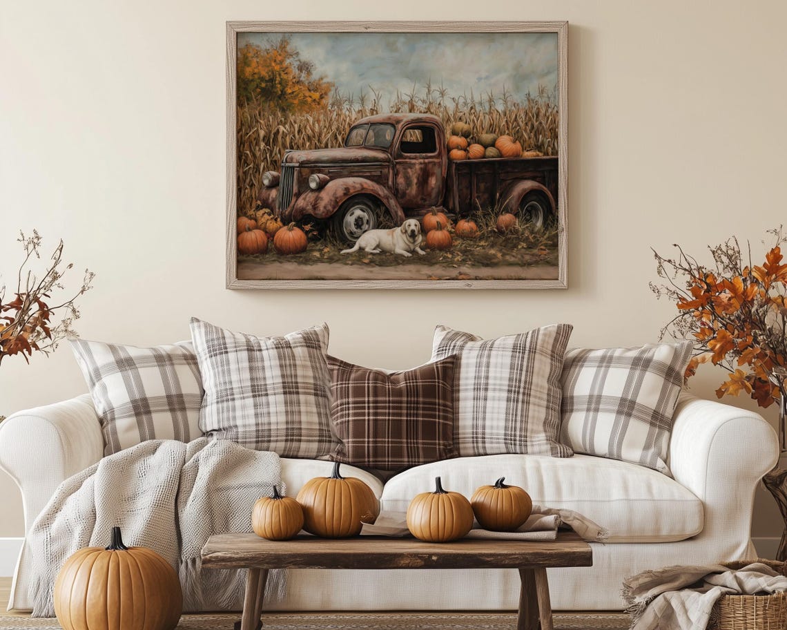 Vintage Pumpkin Truck with Labrador Dog in Autumn Cornfield Poster - Image 5