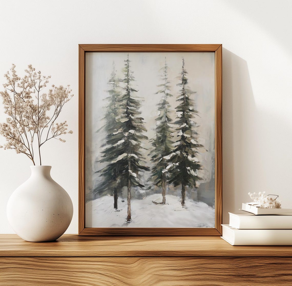 Minimalist Snowy Pine Trees Winter Forest Misty Watercolor Poster - Image 4