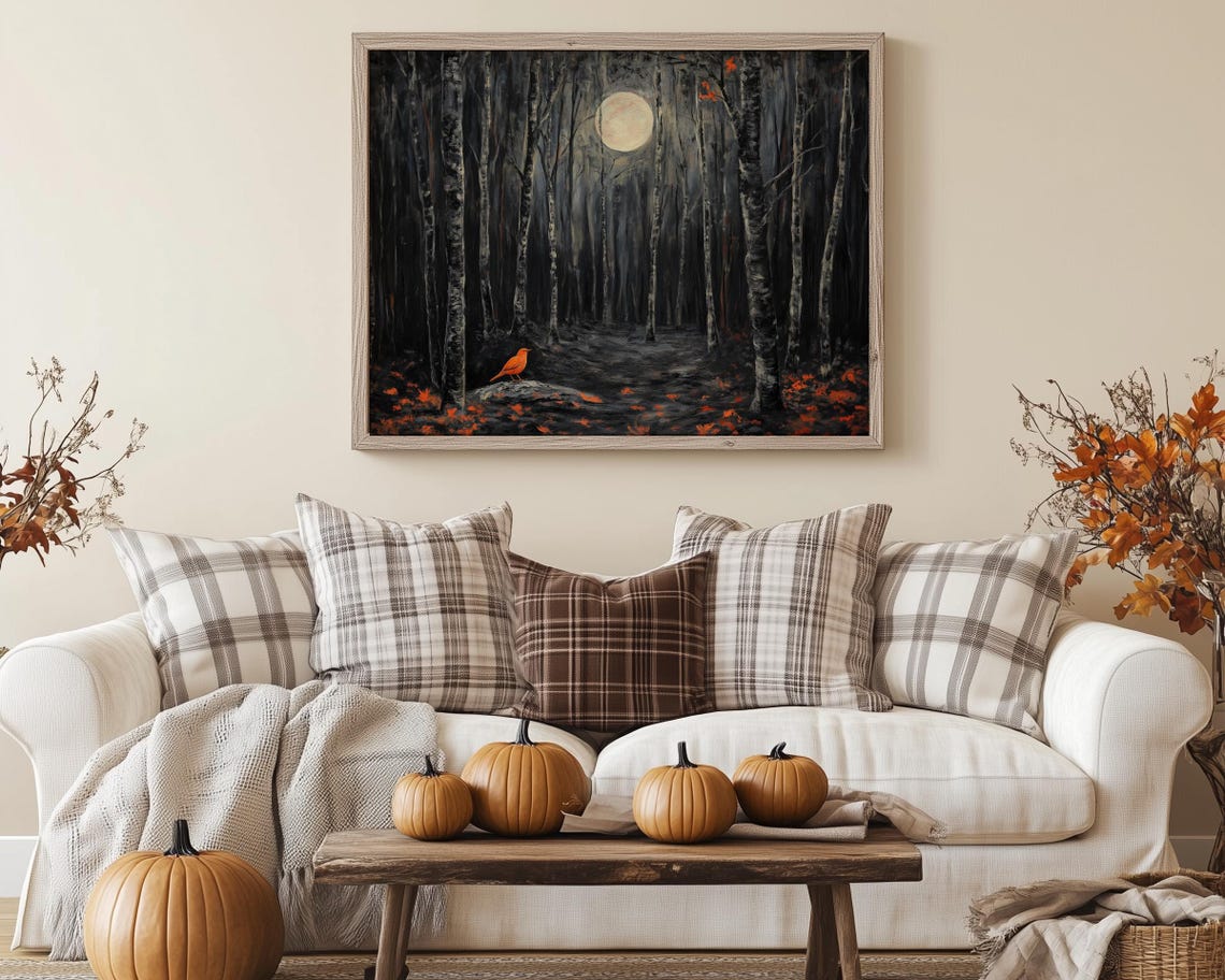 Orange Bird in Moonlit Forest Painting Full Moon Path Art Poster - Image 5