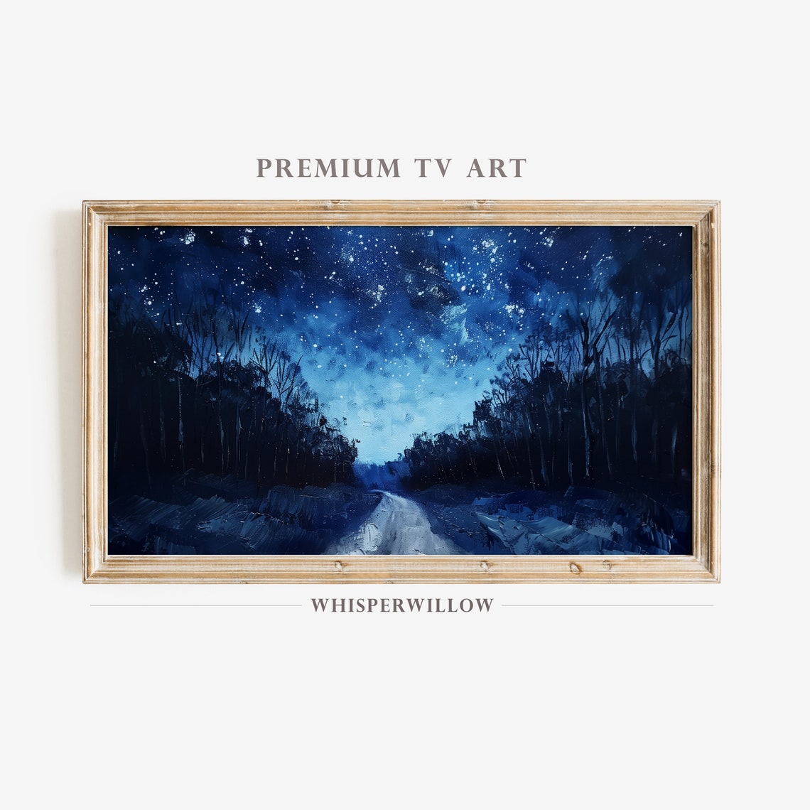 Glittering Starry Night Sky Over Moonlit Snowy Forest Road Poster