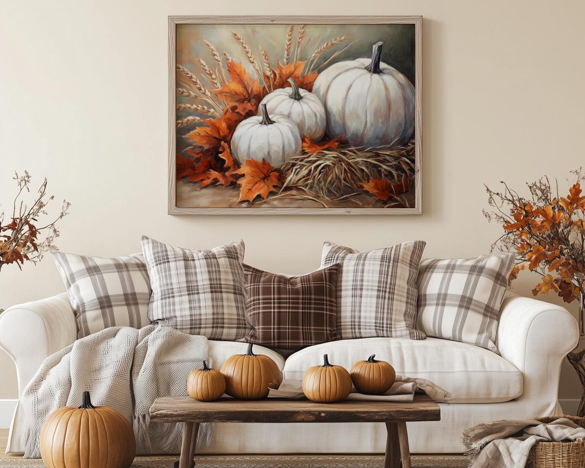 White Pumpkins Fall Arrangement Painting Wheat Harvest Poster - Image 3