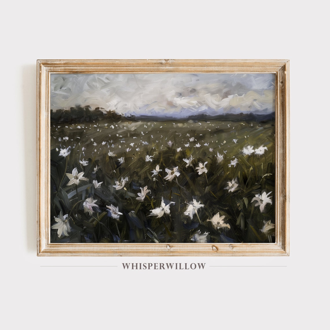 White Wildflower Field Under Cloudy Sky Moody Landscape Art Poster