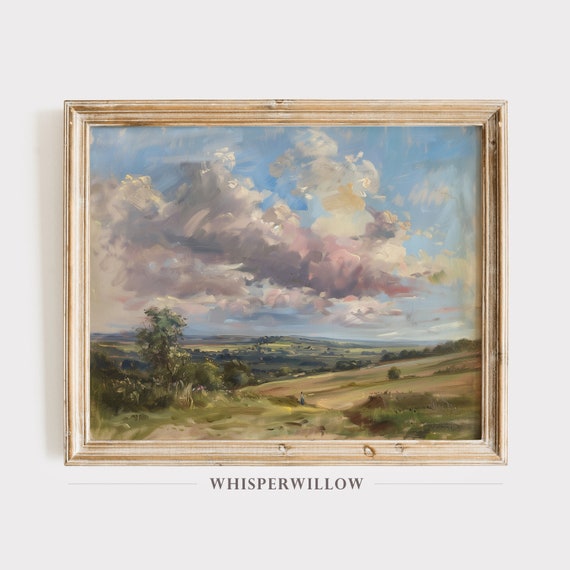 Rolling Hills Peaceful Country Reflections Painting Antique Rustic Farmhouse Wall Decor Impressive Sky Art