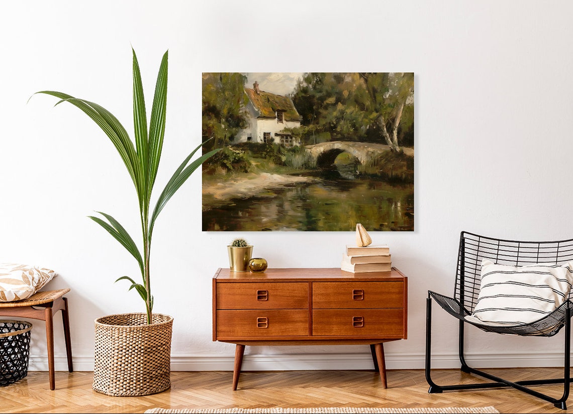 Thatched Cottage By River With Stone Bridge Vintage Landscape Poster - Image 4