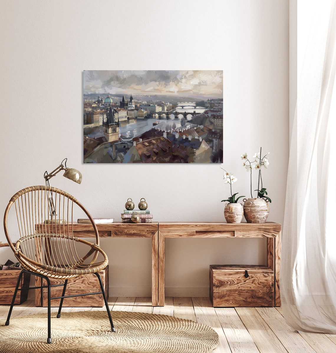 European Cityscape with River Bridges Spires Vintage Painting Poster - Image 3