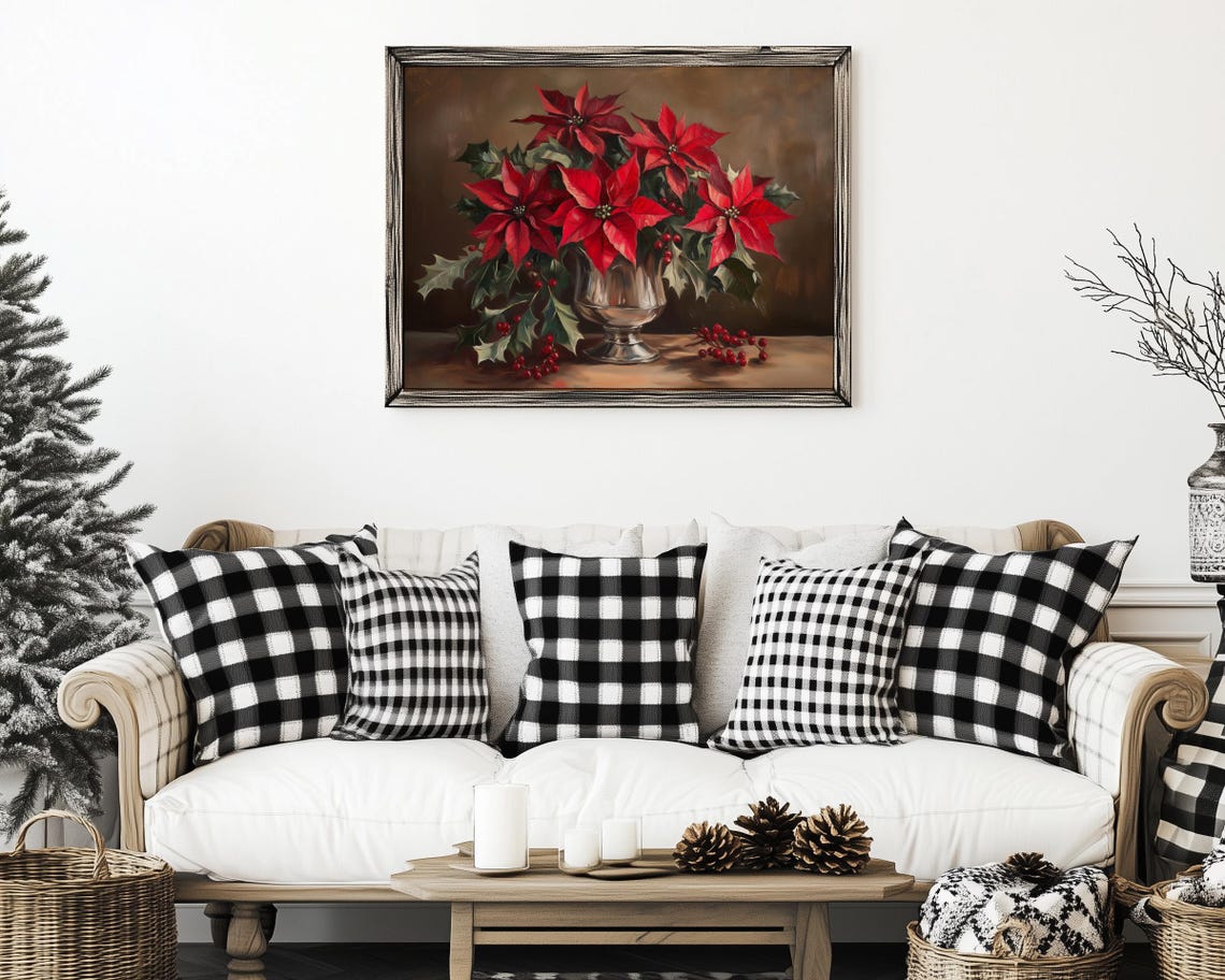 Vintage Red Poinsettia Still Life with Holly Berries Christmas Poster - Image 3