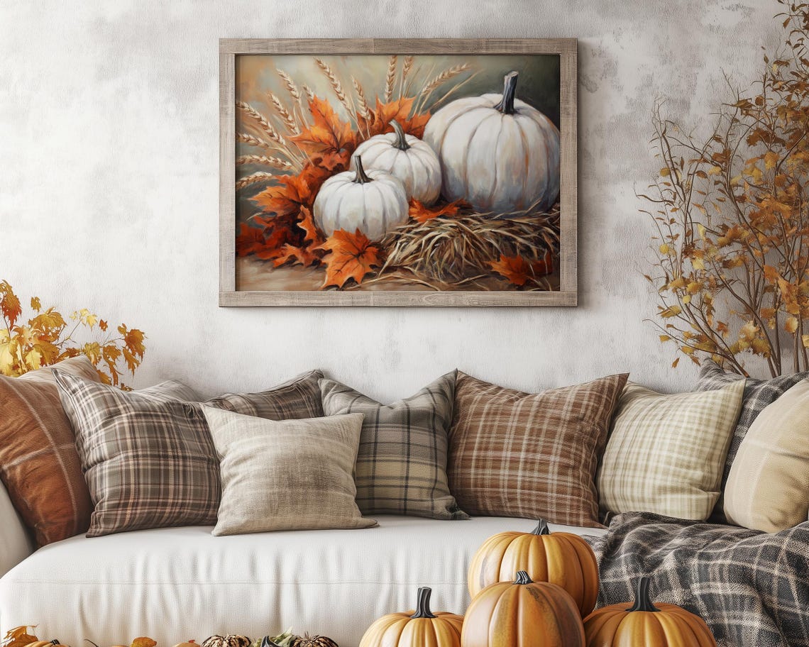White Pumpkins Fall Arrangement Painting Wheat Harvest Poster - Image 5
