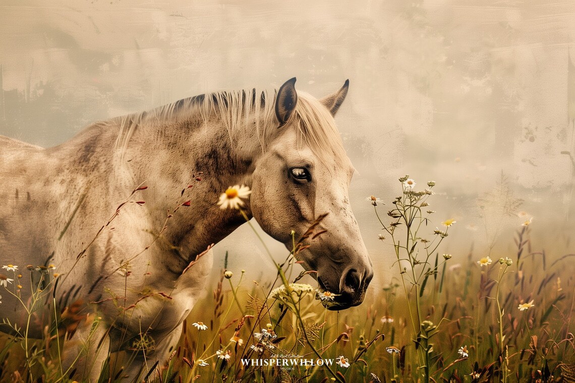 Cream Horse Grazing in Wildflower Meadow Vintage Style Poster - Image 6