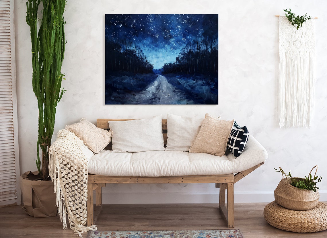 Moonlit Snowy Country Road Winding Under Starry Winter Sky Poster - Image 5