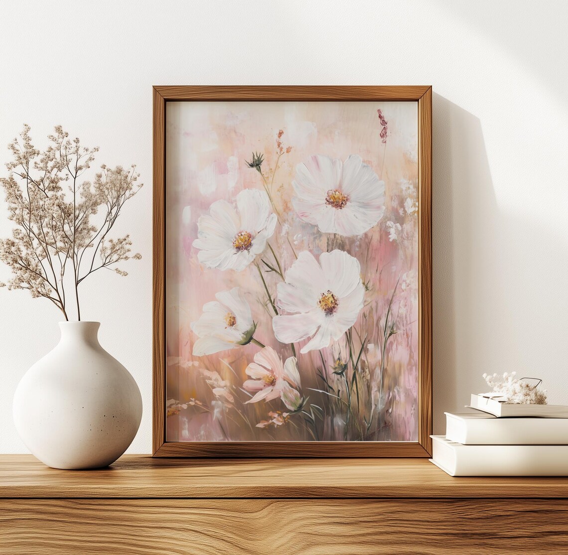 Soft White Cosmos Flowers on Blush Pink Floral Painting Poster - Image 2
