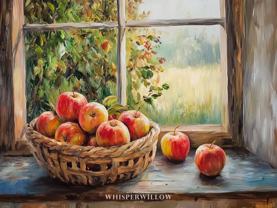 Rustic Apple Basket on Farmhouse Windowsill Autumn Harvest Poster - Image 6