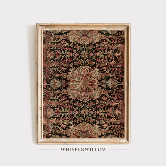 Vintage Intricate Rug Pattern Art Print Red Accent Wall Art Antique Rustic Country Elegant Wall Decor