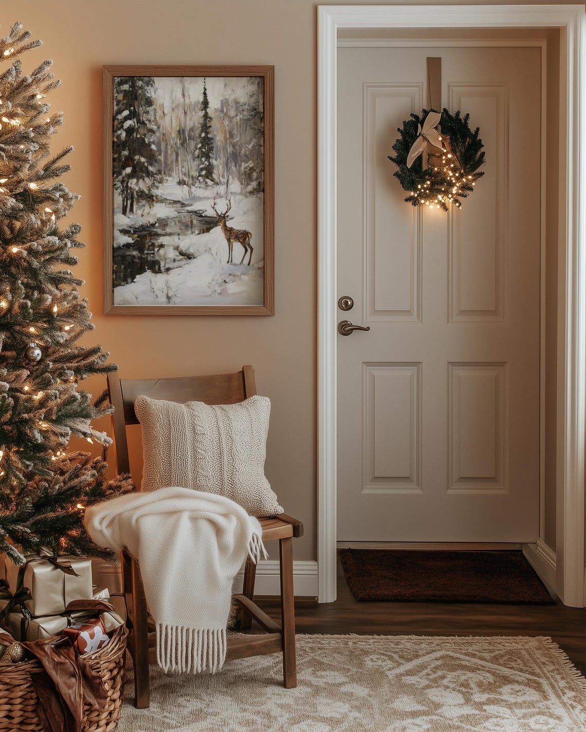 Winter Deer by Forest Stream in Snowy Pine Woods Painting Poster - Image 5