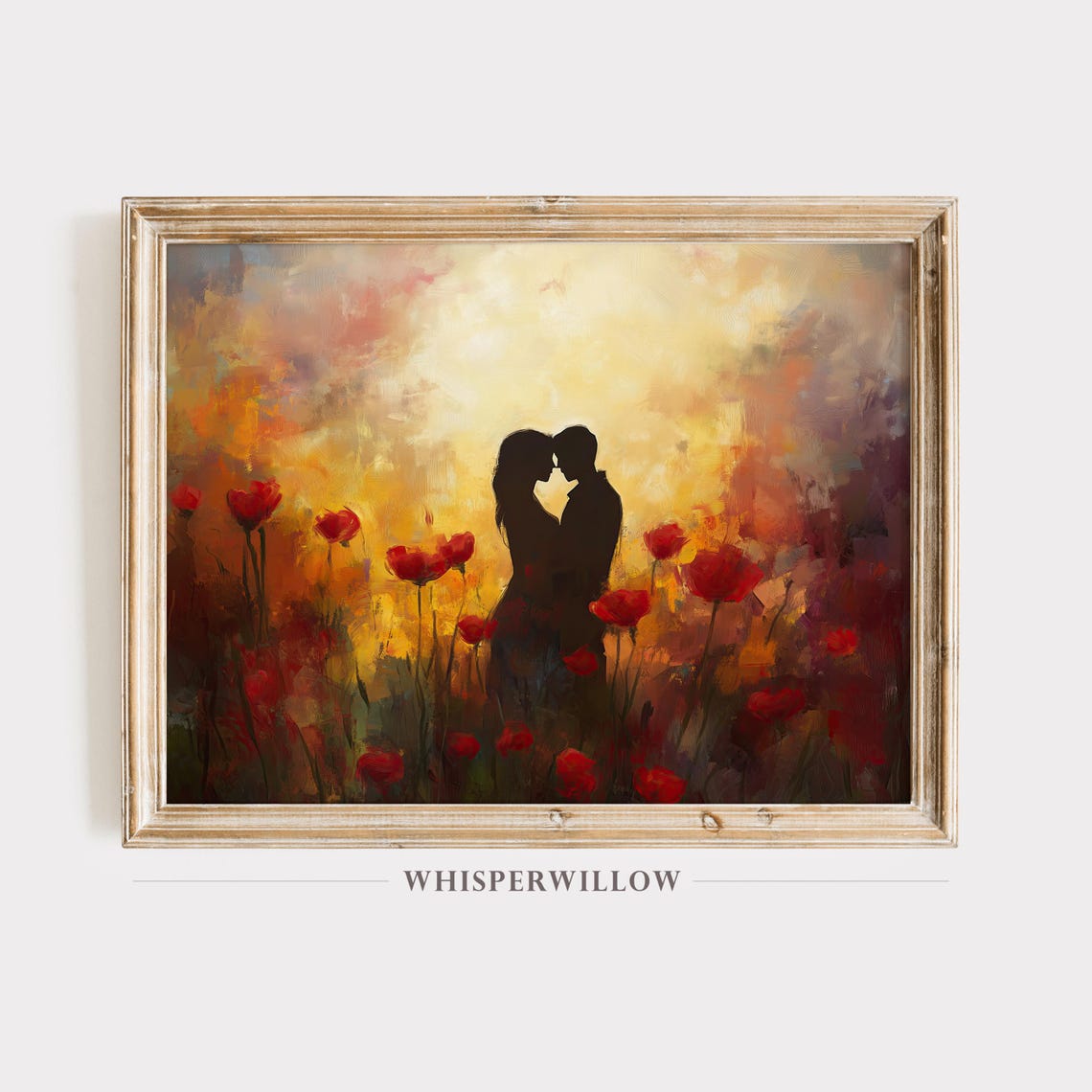 Couple Silhouette Kissing in a Red Poppy Field at Sunset Poster