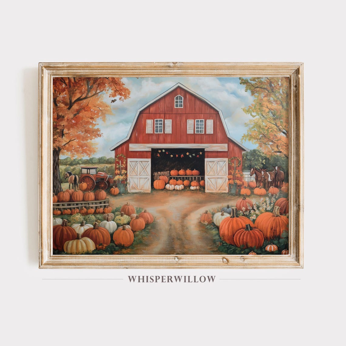 Autumn Farm Scene Red Barn Pumpkins Tractor Horses Painting Poster