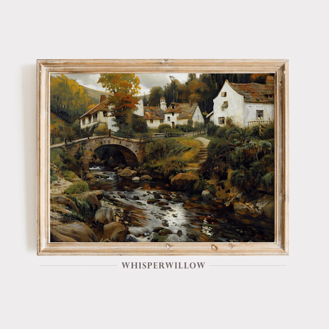 Ancient Stone Bridge Over a Rocky Stream in an Old Village Poster