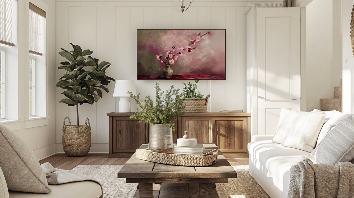 Pink Cherry Blossom Branch in a Rustic Vase Still Life Poster - Image 3