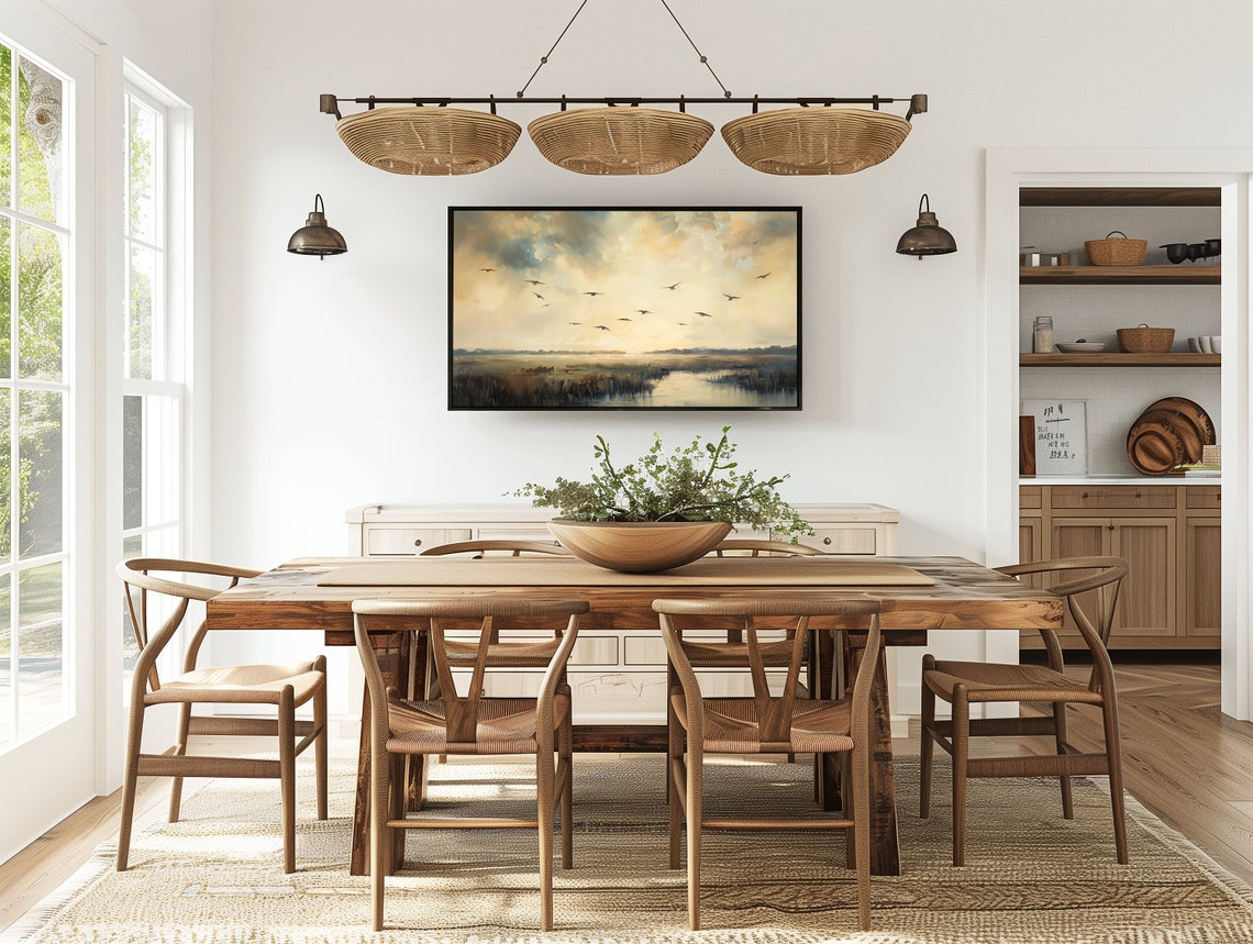Soft Golden Marsh Sunrise with Birds Flying Over Wetlands Poster - Image 3