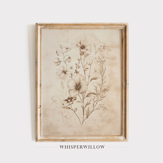 Vintage Sepia Wildflower Botanical Sketch Antique Floral Study Poster