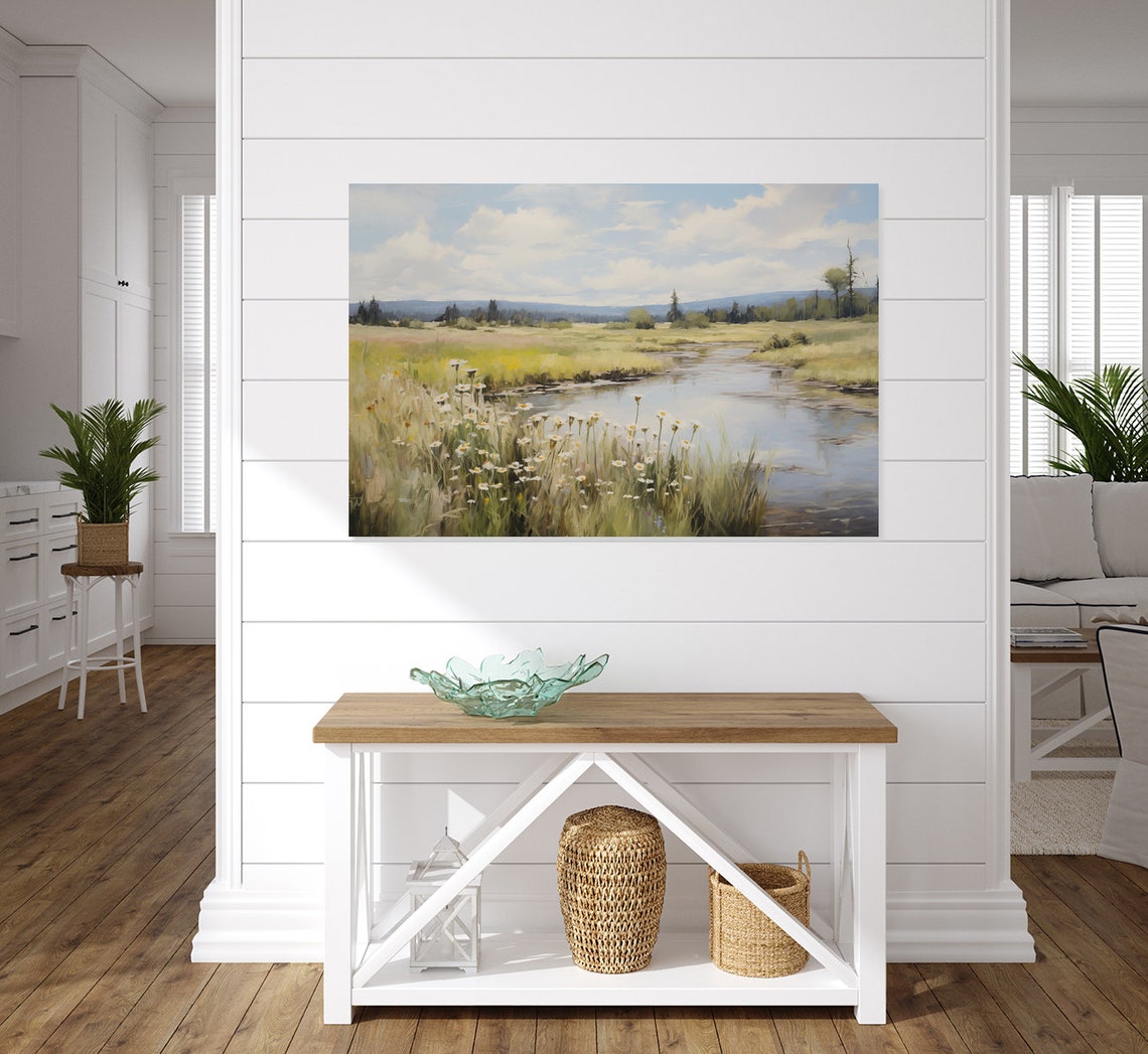 White Daisies Along a Quiet Meadow Stream Painting Art Poster - Image 4
