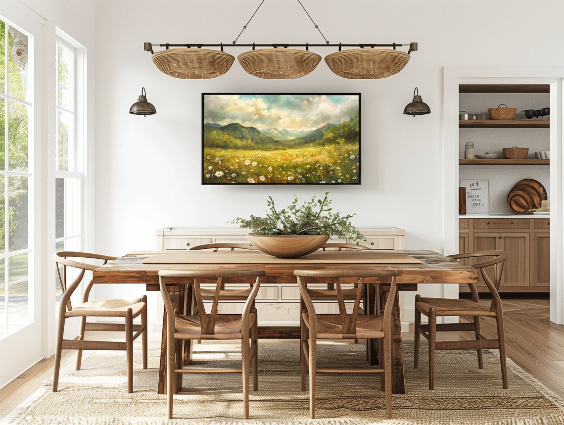 Wild Daisy Meadow Mountain Landscape Golden Vintage Oil Poster - Image 5