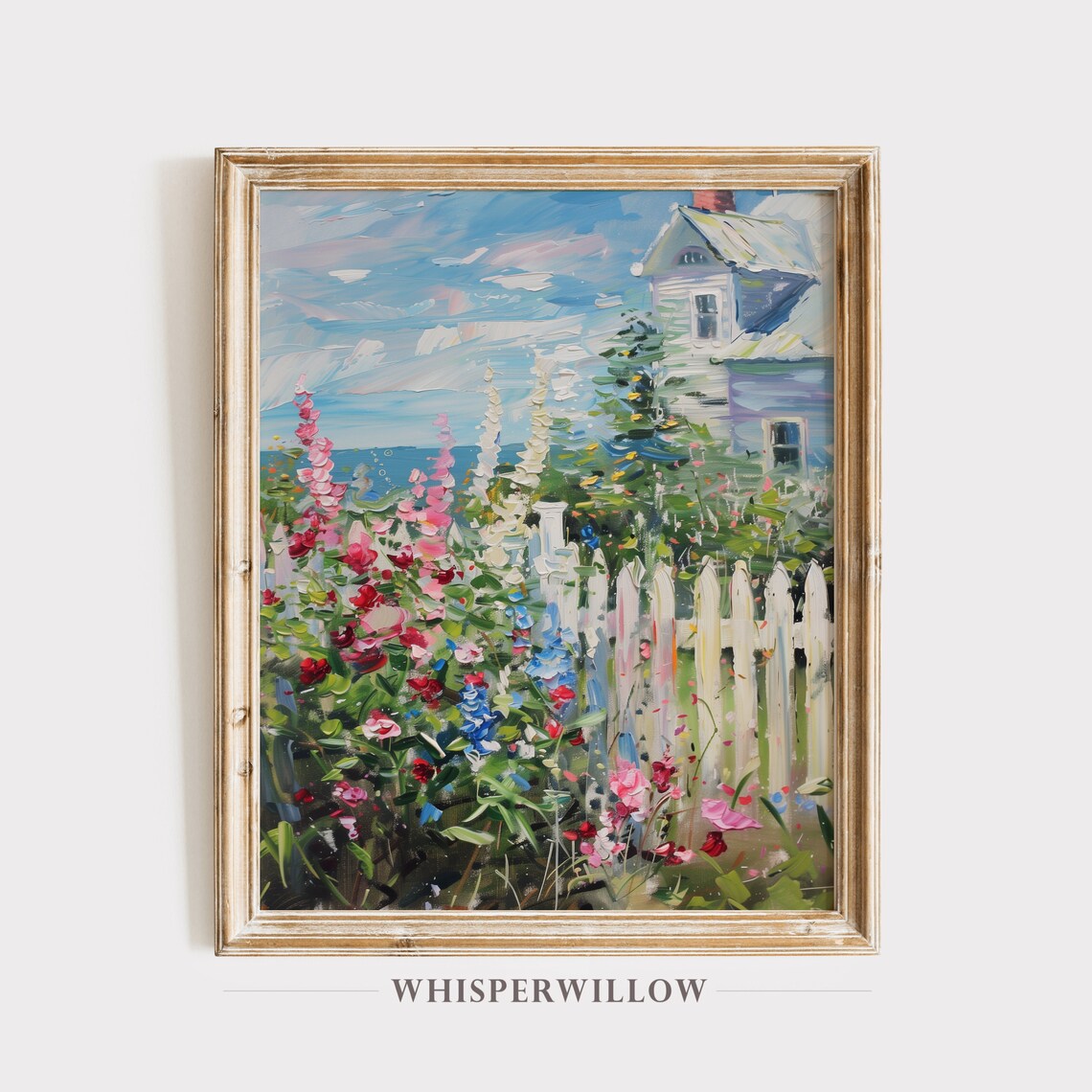 Seaside Cottage Garden With Hollyhocks And Picket Fence Art Poster