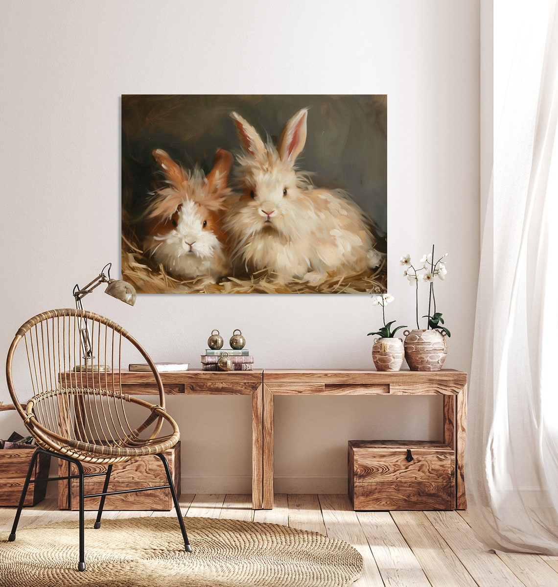 Two Fluffy Angora Rabbits In Hay Vintage Animal Oil Painting Poster - Image 2