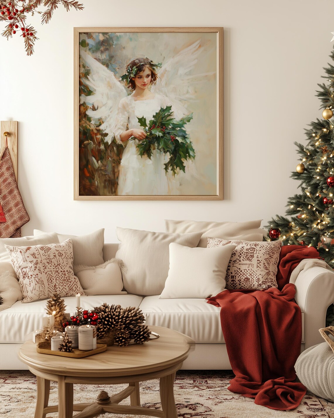 Young Angel in White Gown Holding Holly Vintage Christmas Poster - Image 2