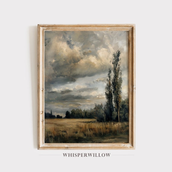 Vintage Country Moody Sky Sunset Field Landscape Art Print