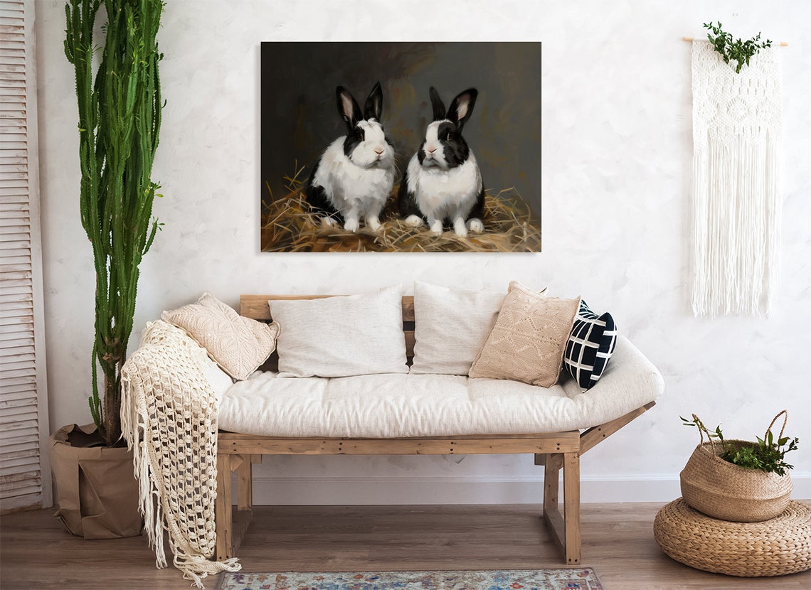 Two Dutch Rabbits in Straw Vintage Black and White Bunny Poster - Image 2