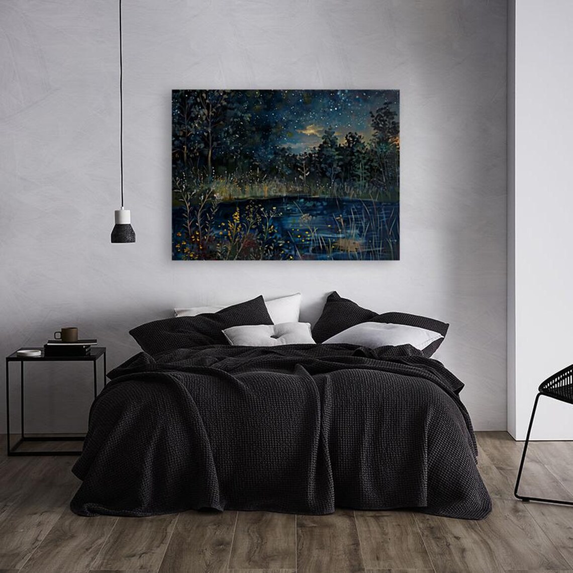 Starry Night Sky Lake Wildflower Reflections Whimsical Fireflies Painting Poster - Image 2
