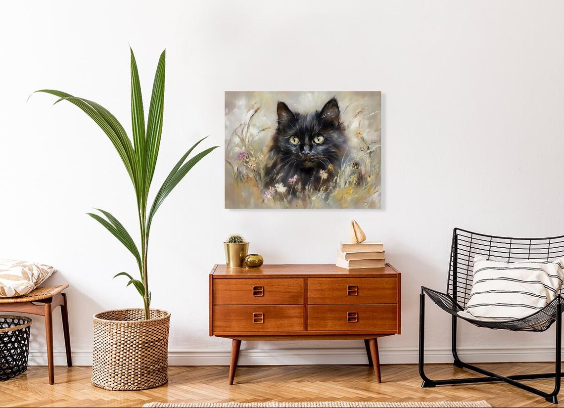 Fluffy Black Cat Portrait Among Wildflowers Oil Painting Poster - Image 4